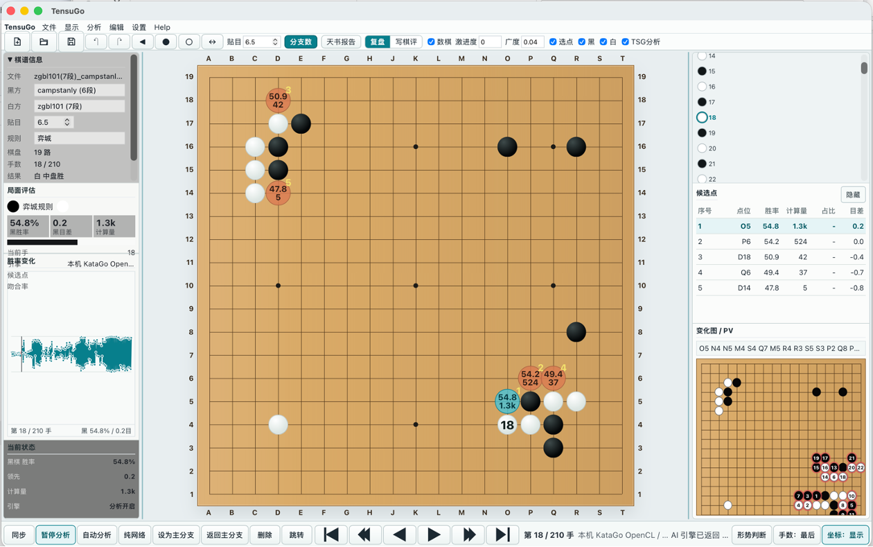 TensuGo desktop app showing a Go board, game tree, and KataGo candidate move analysis.