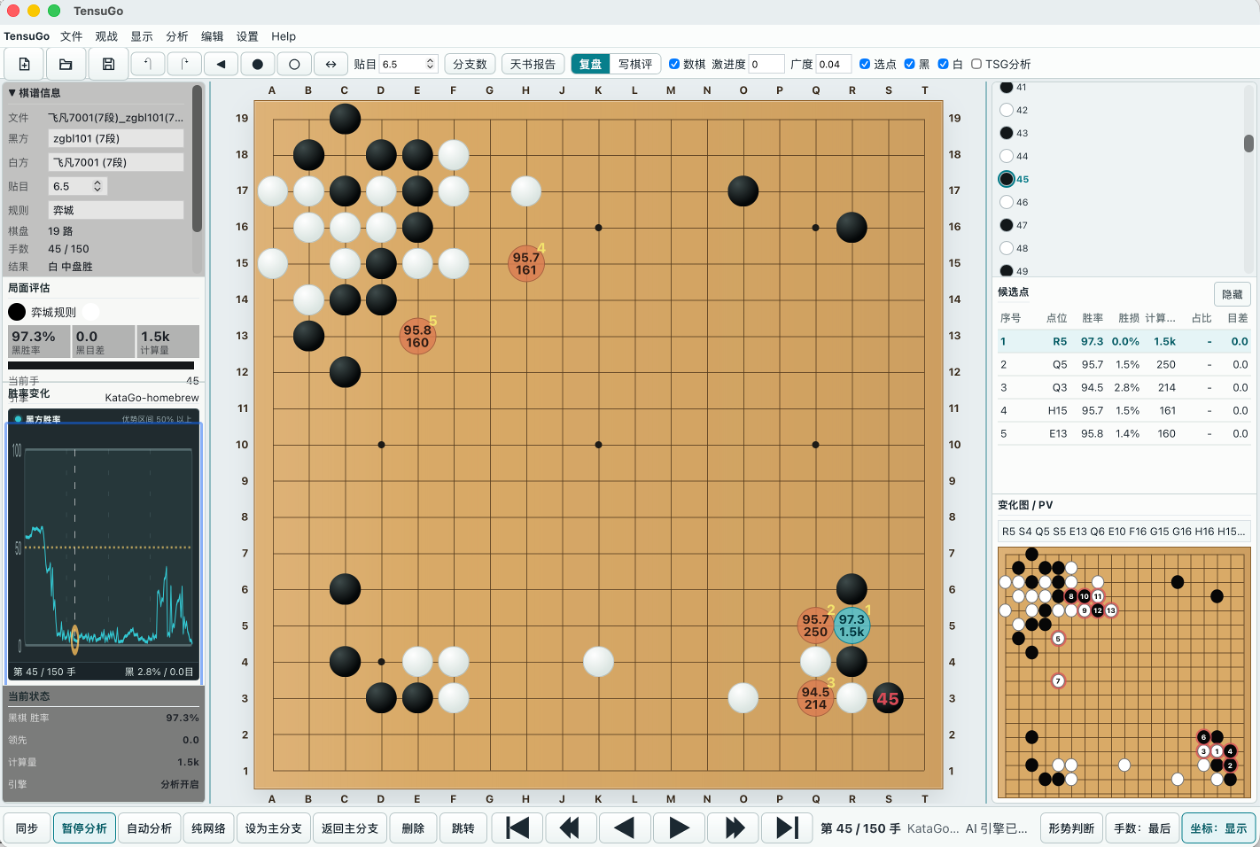 TensuGo desktop app showing a Go board, game tree, and KataGo candidate move analysis.