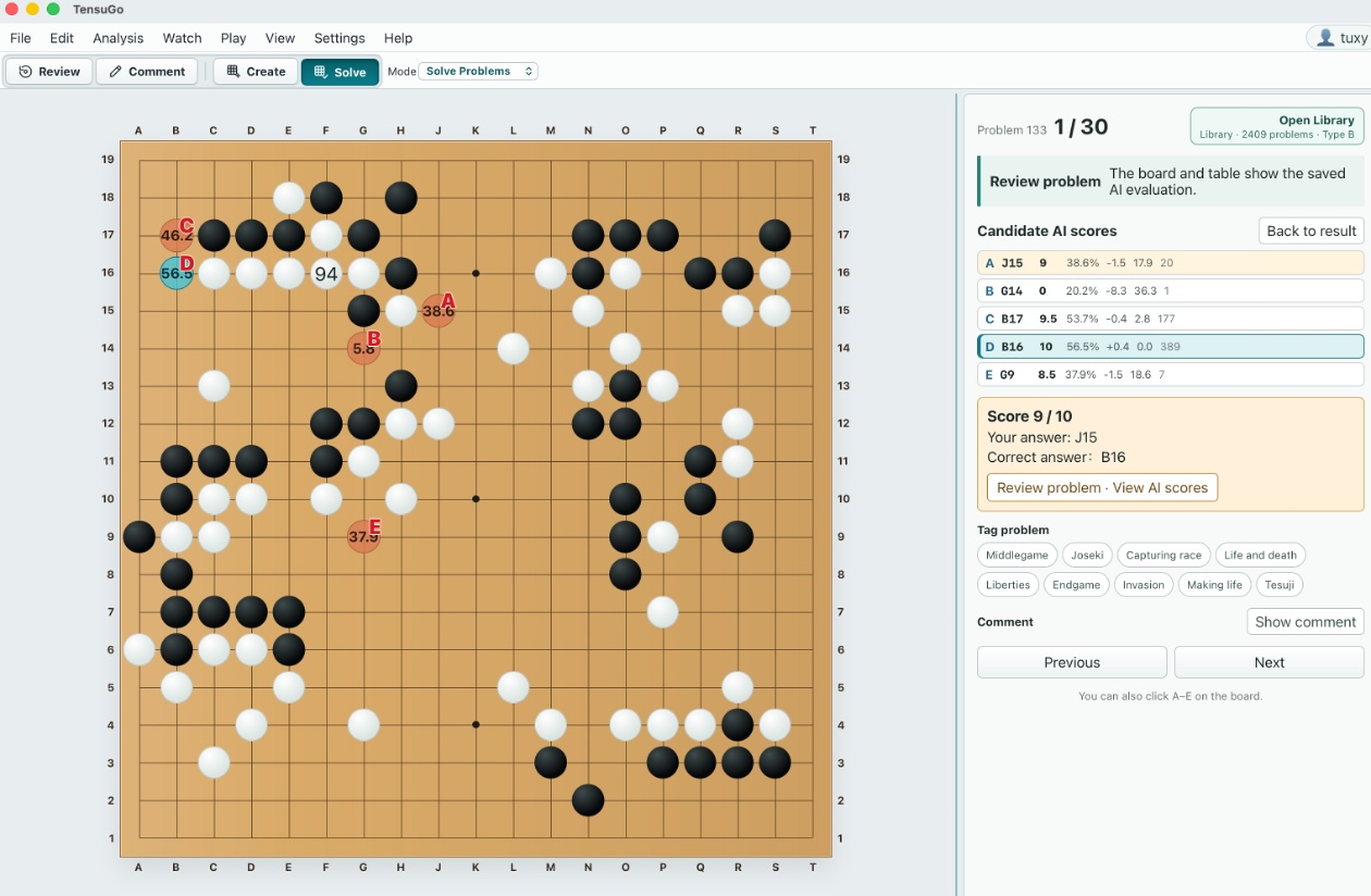 TensuGo in Solve mode: a full 19x19 position with five lettered candidate points marked on the board, and a side panel listing each candidate's score, win rate, score lead and visit count, with the answer judged 9 out of 10.